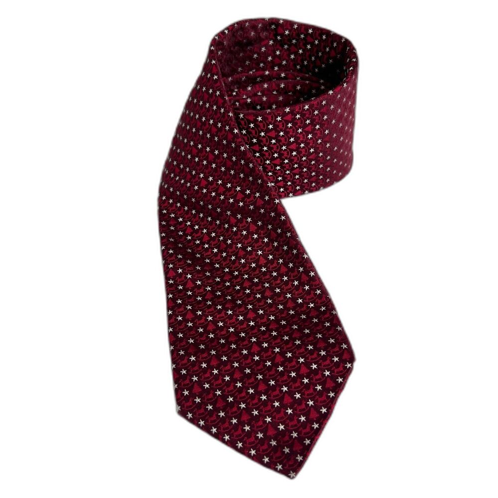 John W. Nordstrom Christmas Tree Rocking Horse Star Red White Silk Tie